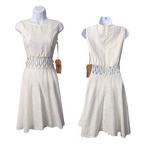 NWT CLAUDIO MILANO White 100% Linen Cut Out Sleeveless Midi Dress #8346 Size M